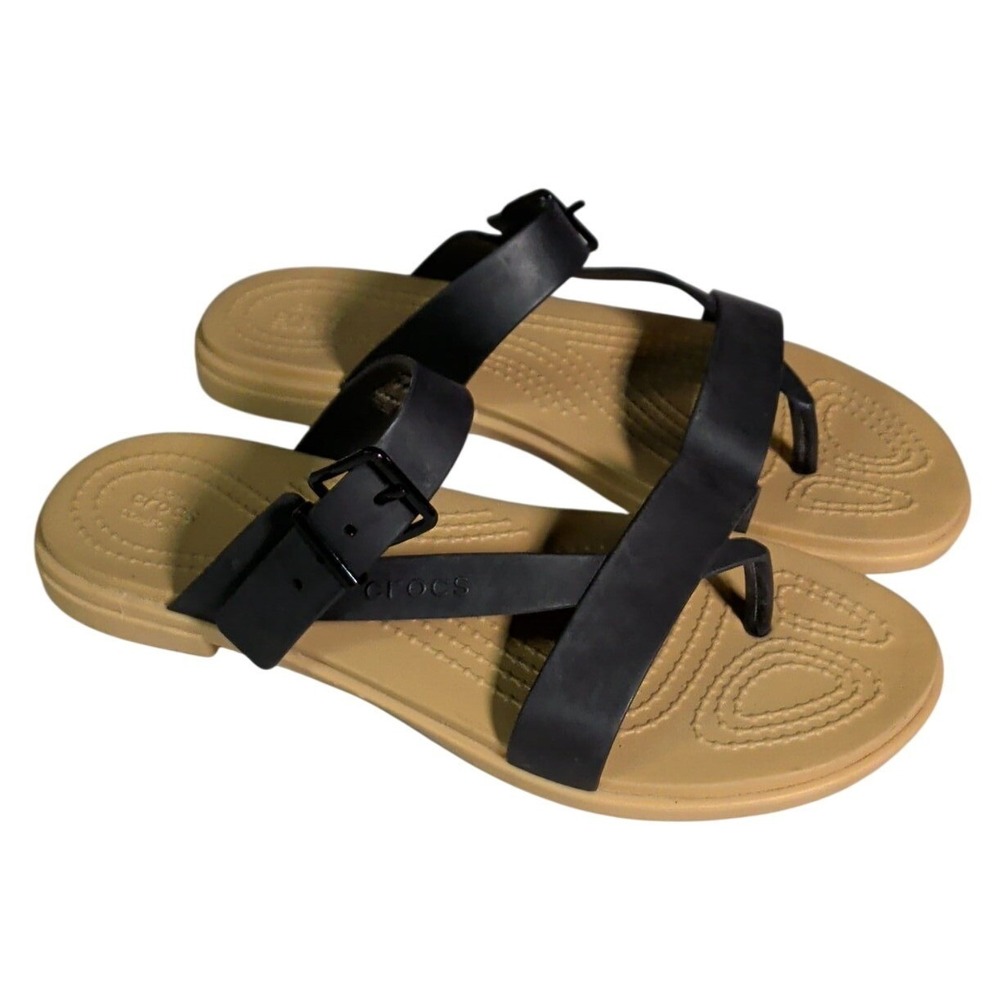 Crocs Tulum Toe Post Toe Sandals Womens Size 6 Strappy Slip On Black Beige Boho